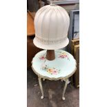 WHITE FLORAL PAINTED TOPPED OCCASIONAL TABLE AND 1970S TEAK TABLE LAMP