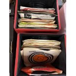 TWO RED VINYL BOXES OF INTERESTING PROMOTION VINYL 45S AND OTHERS FROM 60S AND 70S