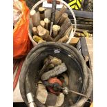 TWO BUCKETS OF VARIOUS LUMP HAMMERS, CLAW HAMMERS,