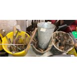 THREE BUCKETS CONTAINING VARIOUS TOOLS, BRAIDED WIRE AND PULLEYS,