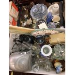 TWO BOXES OF VARIOUS GLASSWARE, NAO BOY CLOWN FIGURE, CHINESE BLUE AND WHITE RICE BOWLS AND LADLES,