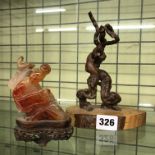 CARVED SOAP STONE CHINESE FIGURE AND ASH RASPBERRY ROOT WOOD CARVING