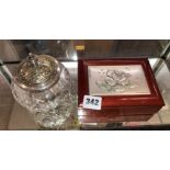 WHITE METAL ROSE PANEL INSET CASKET AND A SILVER TOPPED PRESERVE JAR