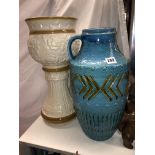 WEST GERMAN 41-40 BLUE GLAZED JUG AND A SQUAT JARDINIERE