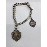 HALL MARKED SILVER LINK ALBERT CHAIN WITH SILVER ENAMEL CORONATION 1902 FOB AND A COVENTRY EVENING