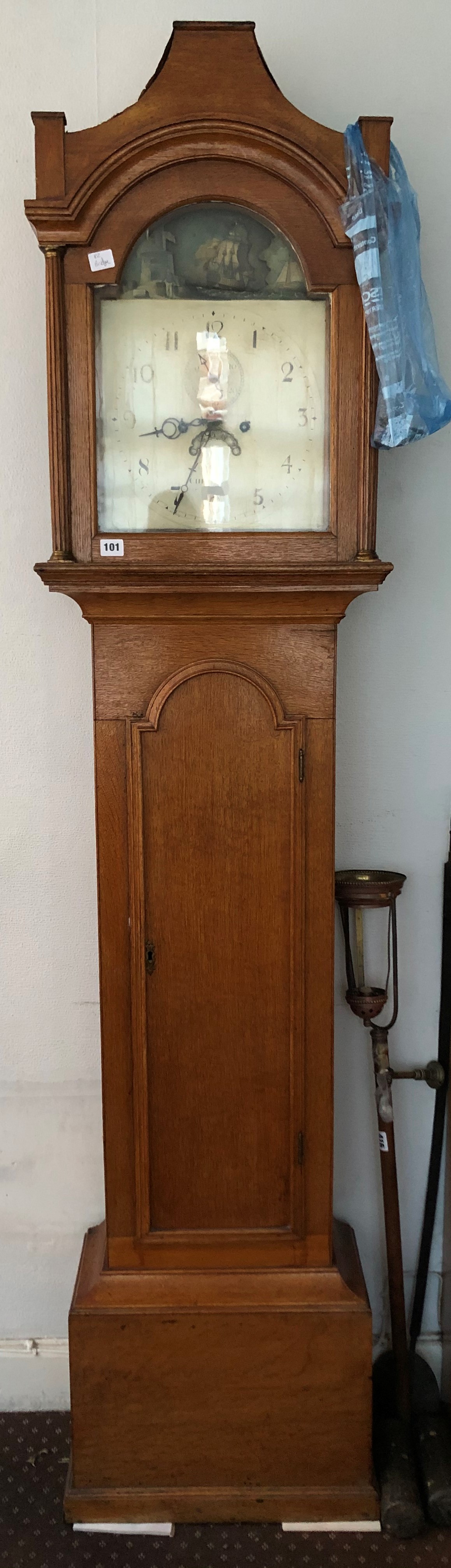 19TH CENTURY EIGHT DAY OAK LONG CASED CLOCK HAVING MOON ROLLER MOVEMENT