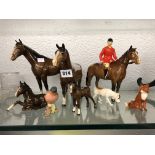 BESWICK GLOSS HORSES, SEATED FOX, HOUND WITH TAIL A/F,