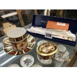 ROYAL CROWN DERBY IMARI PATTERN OVAL TRINKET BOX AND COVER, COFFEE CAN AND SAUCER,