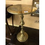 ENGRAVED BRASS PEDESTAL TABLE AND A HEXAGONAL TOPPED TRIPOD TABLE