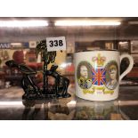 SHELLEY 193 ROYAL SILVER JUBILEE SOUVENIR MUG AND SMALL BRONZE MULE AND FIGURE GROUP