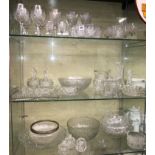 THREE SHELVES OF DRINKING GLASSES, TUMBLERS, PRESERVE JAR, BOWLS, DRESSING TABLE SET,