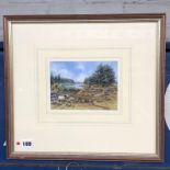 SMALL WATERCOLOUR TITLED "COD BECK, OSMOTHERLY" RESERVOIR SCENE WITH SHEEP SIGNED PATRICIA WORMALD,