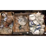 THREE BOXES OF CHINA AND GLASSWARE INCLUDING PART TEA SETS, DECANTERS,