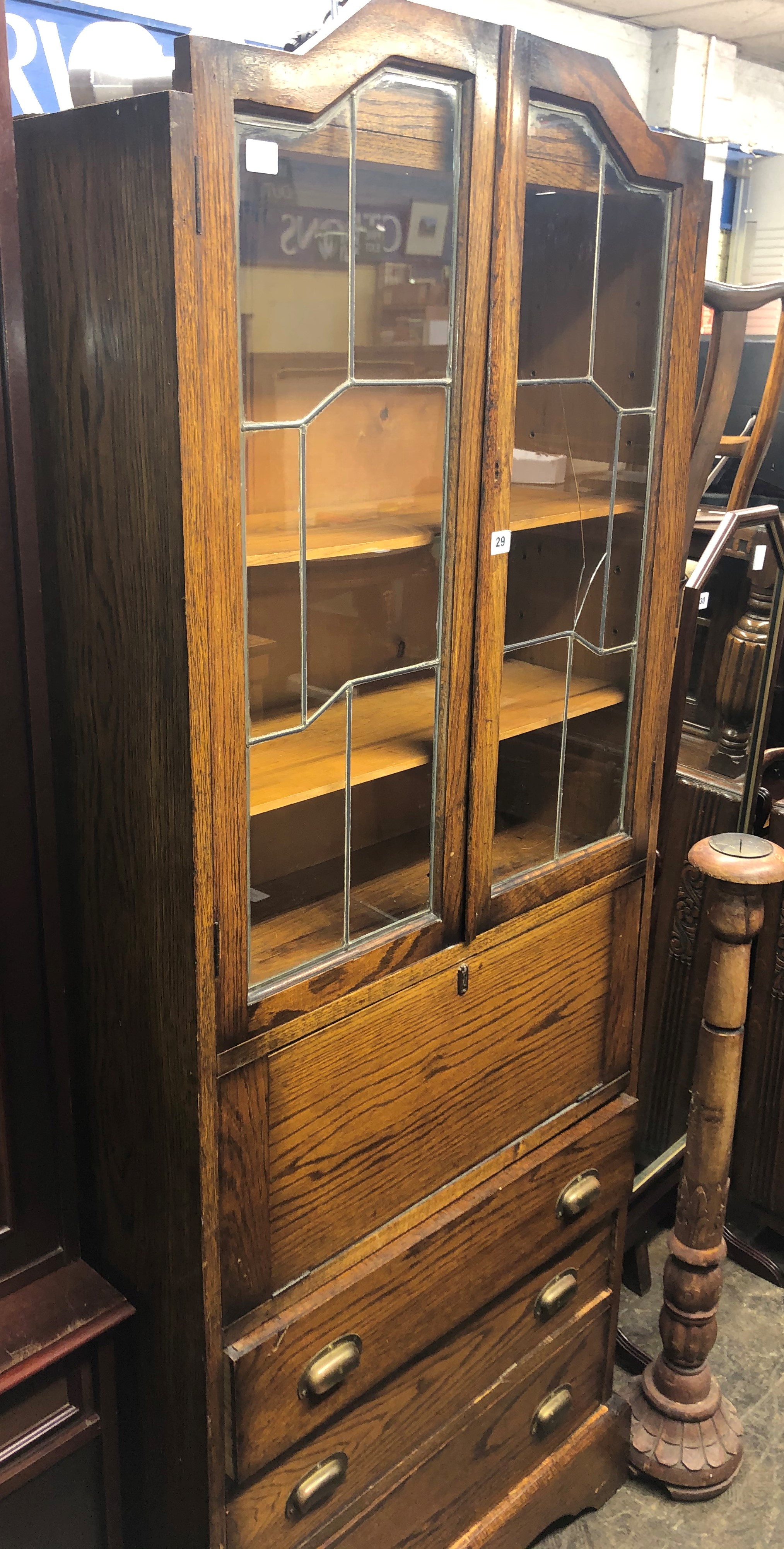 OAK LEADED GLAZED BOOKCASE