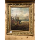 19TH CENTURY OIL ON CANVAS- CASTLE IN A COASTAL LANDSCAPE IN GILDED FRAME 36CM X28CM