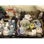 FOUR BOXES OF ASSORTED ITEMS INCLUDING DENBY PART TEA SET AND OTHERS, BRASSWARE, LAMPS, GLASSWARE,
