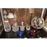 TWO CRYSTAL MALLET DECANTERS AND STOPPERS,