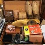 DEMOB CASE CONTAINING GENTS TRAVELLING BRUSHES, VINTAGE SHOE TREES, CHROMIUM TRAVELLING SET,