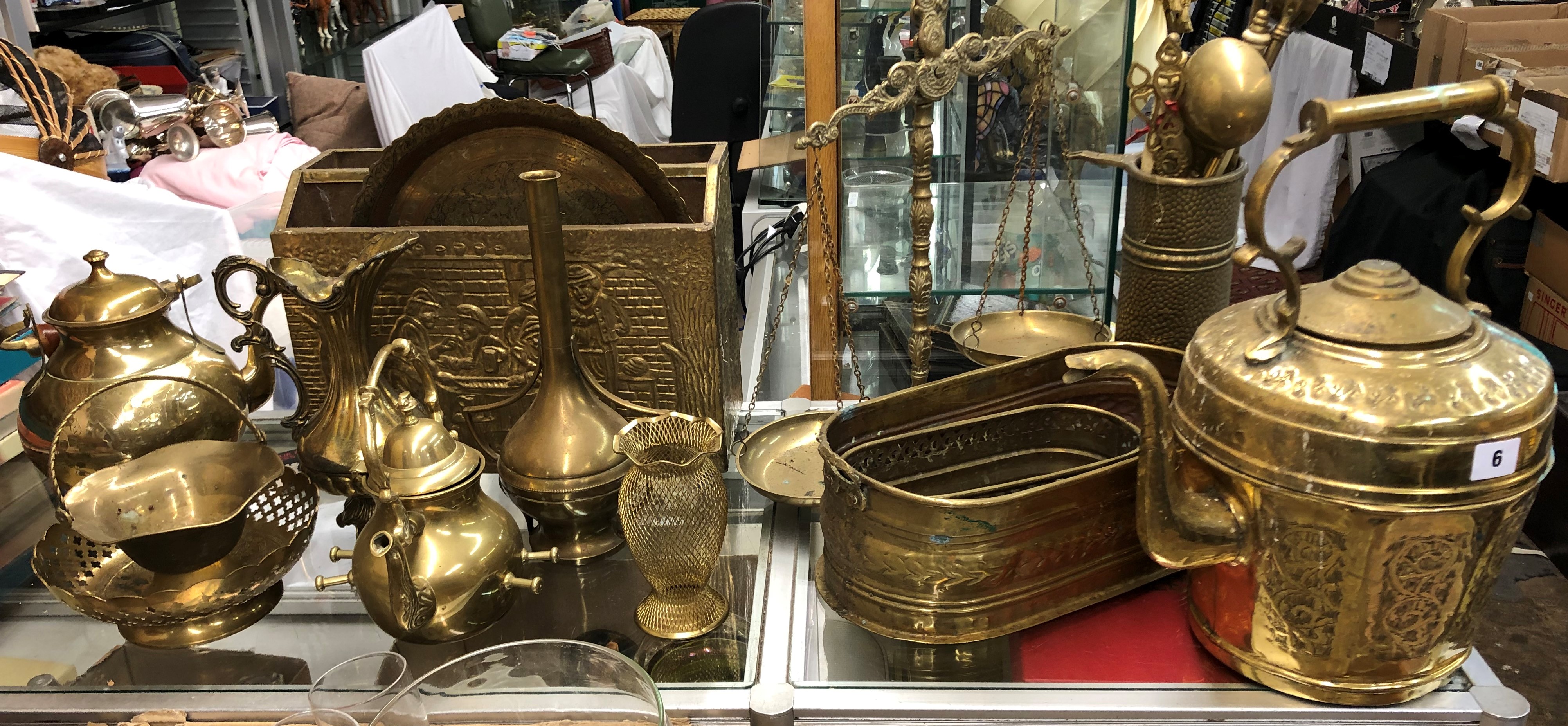 BRASS OVAL TROUGH PLANTERS, PAN SCALES, MAGAZINE RACK,