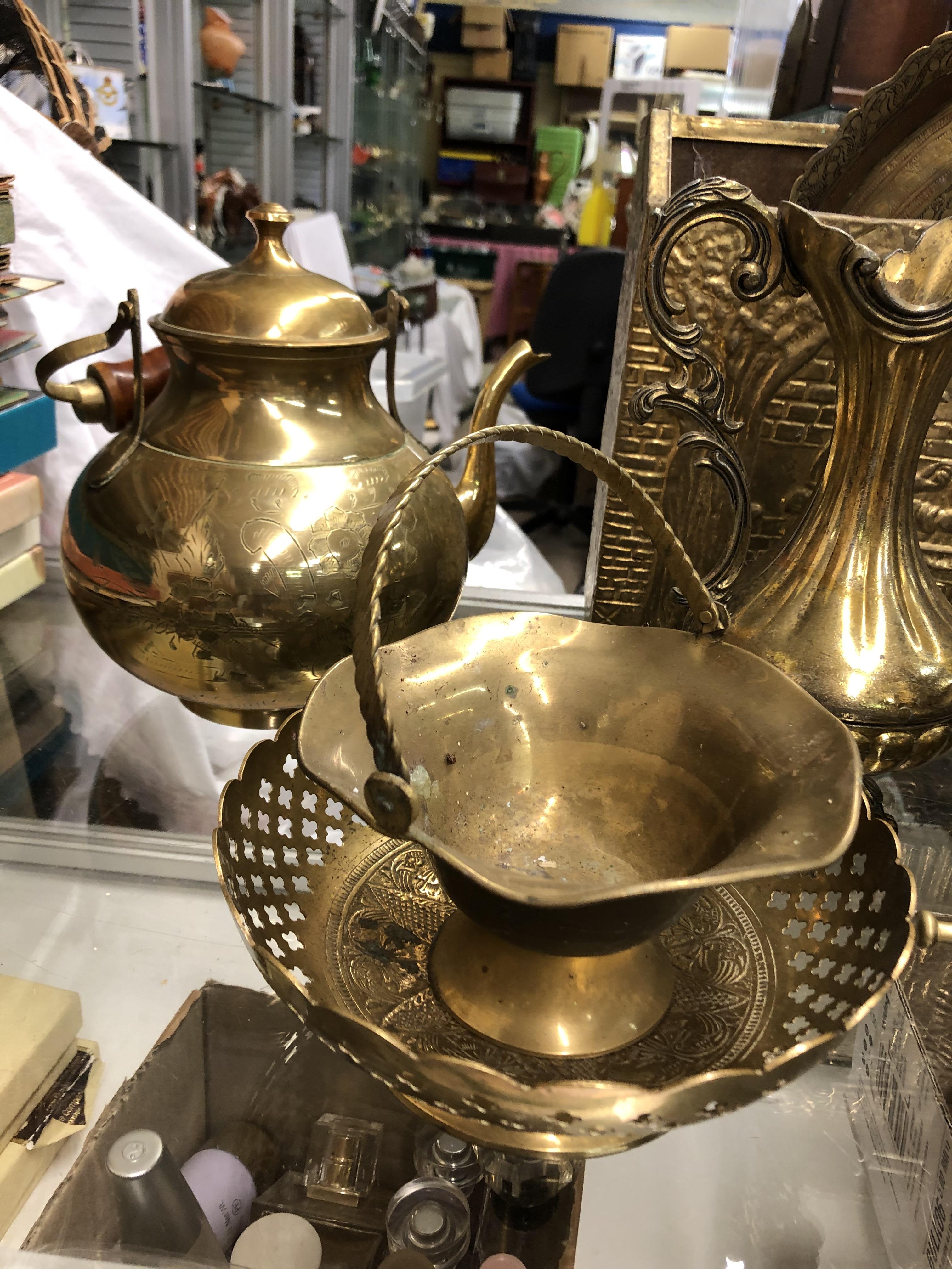 BRASS OVAL TROUGH PLANTERS, PAN SCALES, MAGAZINE RACK, - Image 6 of 6