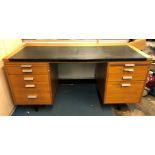 TEAK TWIN PEDESTAL OFFICE DESK WITH REXINE SKIVER