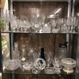 TWO SHELVES OF CUT AND ETCHED GLASSWARE, ROSE BOWL,