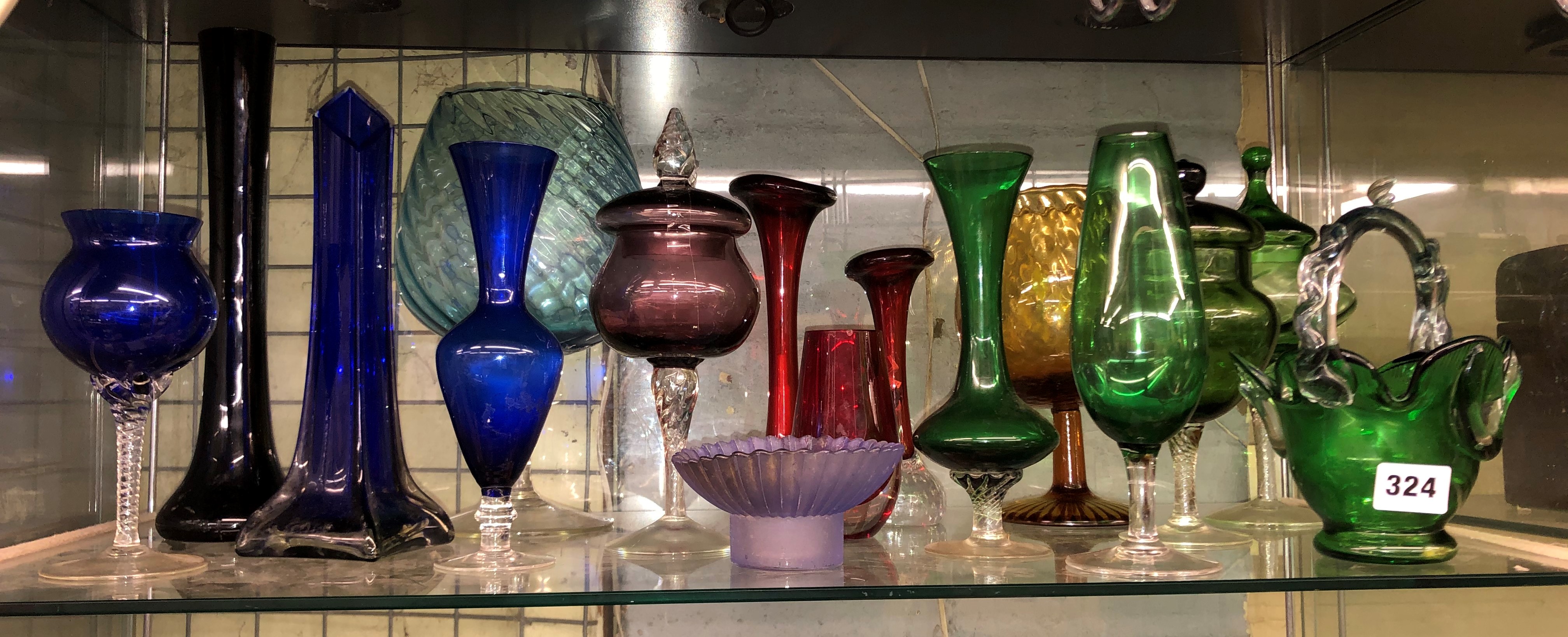 SHELF OF BRISTOL BLUE, GREEN AND RUBY SPILL VASES, BRANDY TYPE BOWLS,