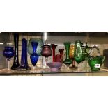 SHELF OF BRISTOL BLUE, GREEN AND RUBY SPILL VASES, BRANDY TYPE BOWLS,
