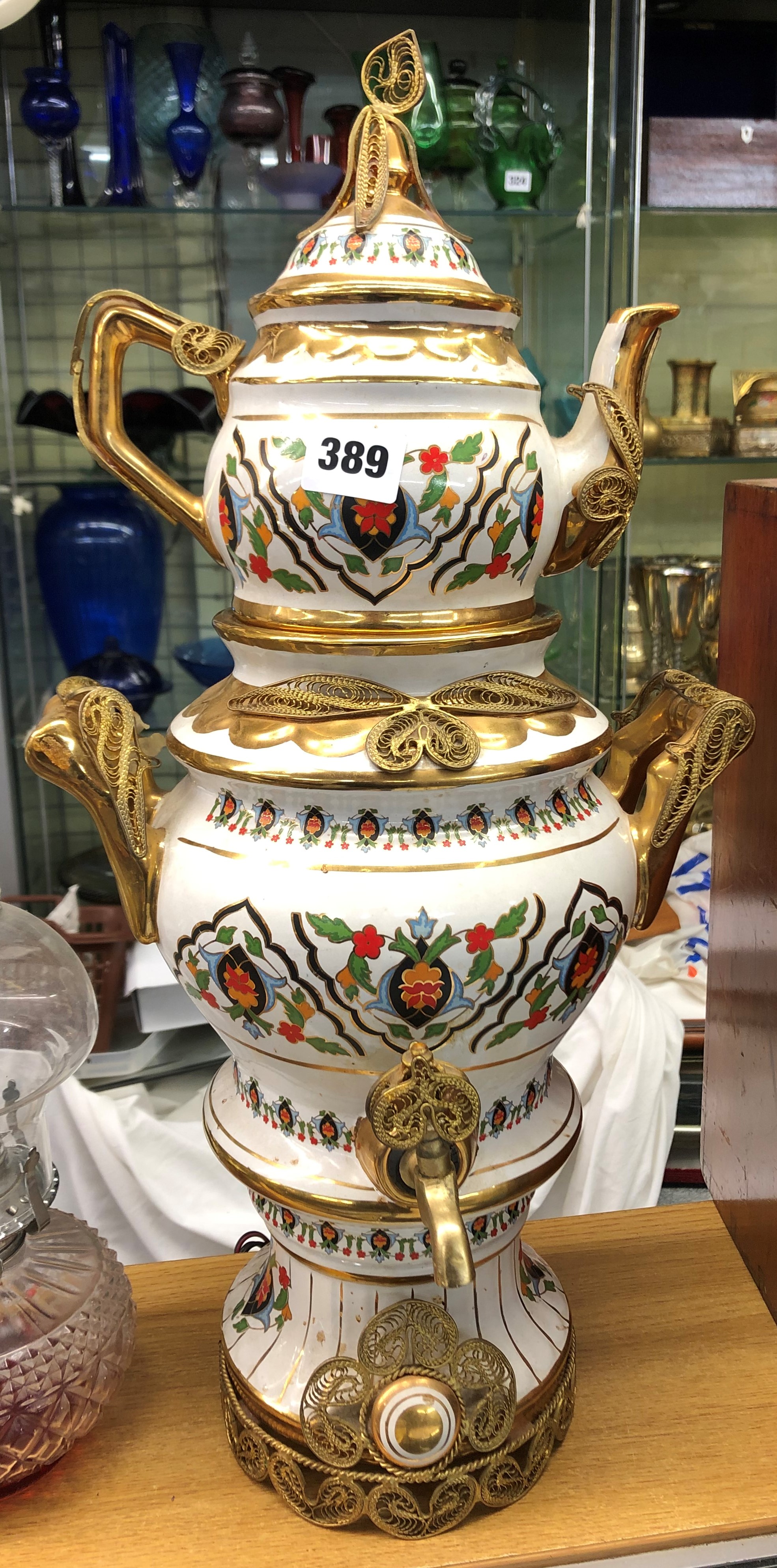 ORNATE CERAMIC AND GILT METAL SAMOVAR