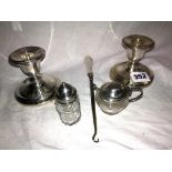 PAIR OF SILVER DWARF CANDLE STICKS, SILVER HANDLED BUTTON HOOK,