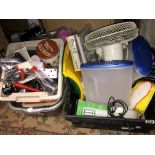 BOX OF MISCELLANEOUS STORAGE CONTAINERS, BATTERY CHARGER, ELECTRIC FAN,