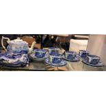 SPODE BLUE AND WHITE TRANSFER PRINTED SIX PLACE TEA SET WITH TEA POT