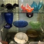 THREE SHELVES OF CHANCE GLASS HANDKERCHIEF BOWLS, BLUE RIBBED OVOID VASE,