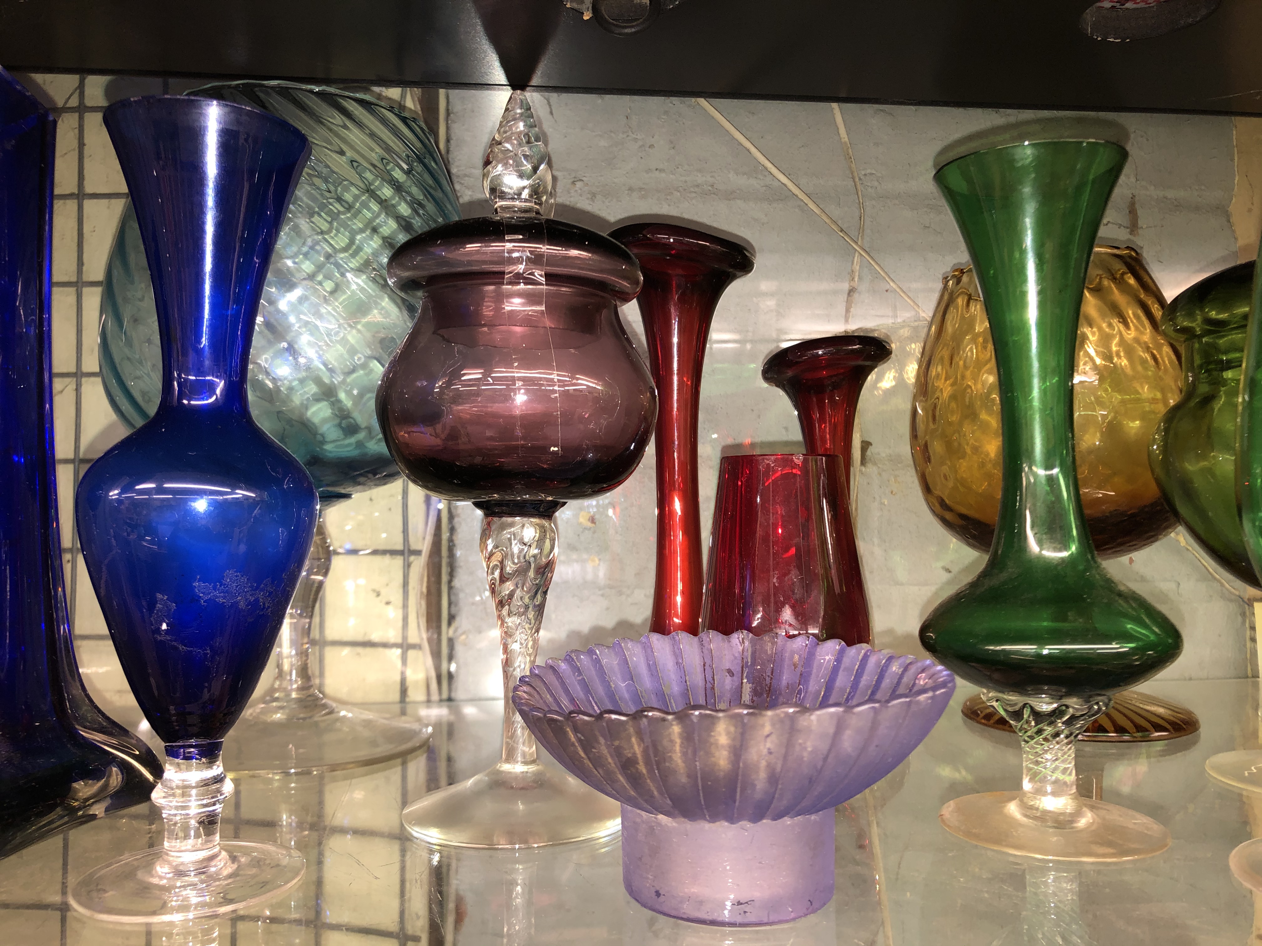 SHELF OF BRISTOL BLUE, GREEN AND RUBY SPILL VASES, BRANDY TYPE BOWLS, - Image 3 of 6