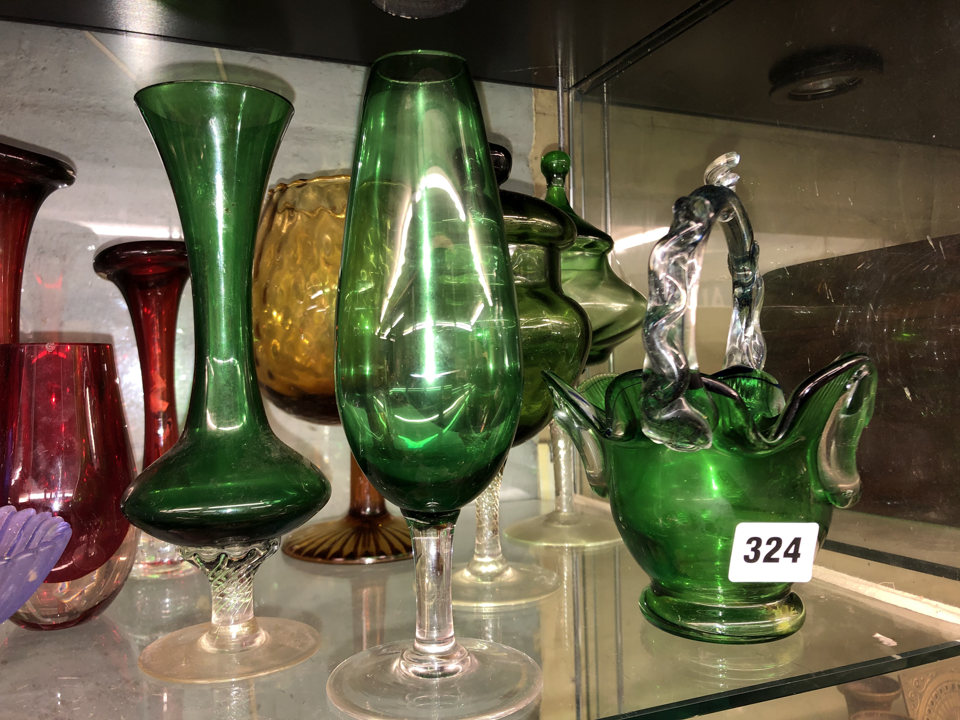 SHELF OF BRISTOL BLUE, GREEN AND RUBY SPILL VASES, BRANDY TYPE BOWLS, - Image 2 of 6