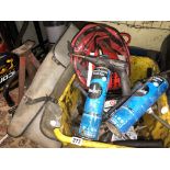 YELLOW CRATE OF WHEEL BRACES, JUMP LEADS,