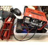 HYDRAULIC TROLLEY JACK, ALPINE BATTERY CHARGER, TUB OF VARIOUS TOOLS, SPANNERS,
