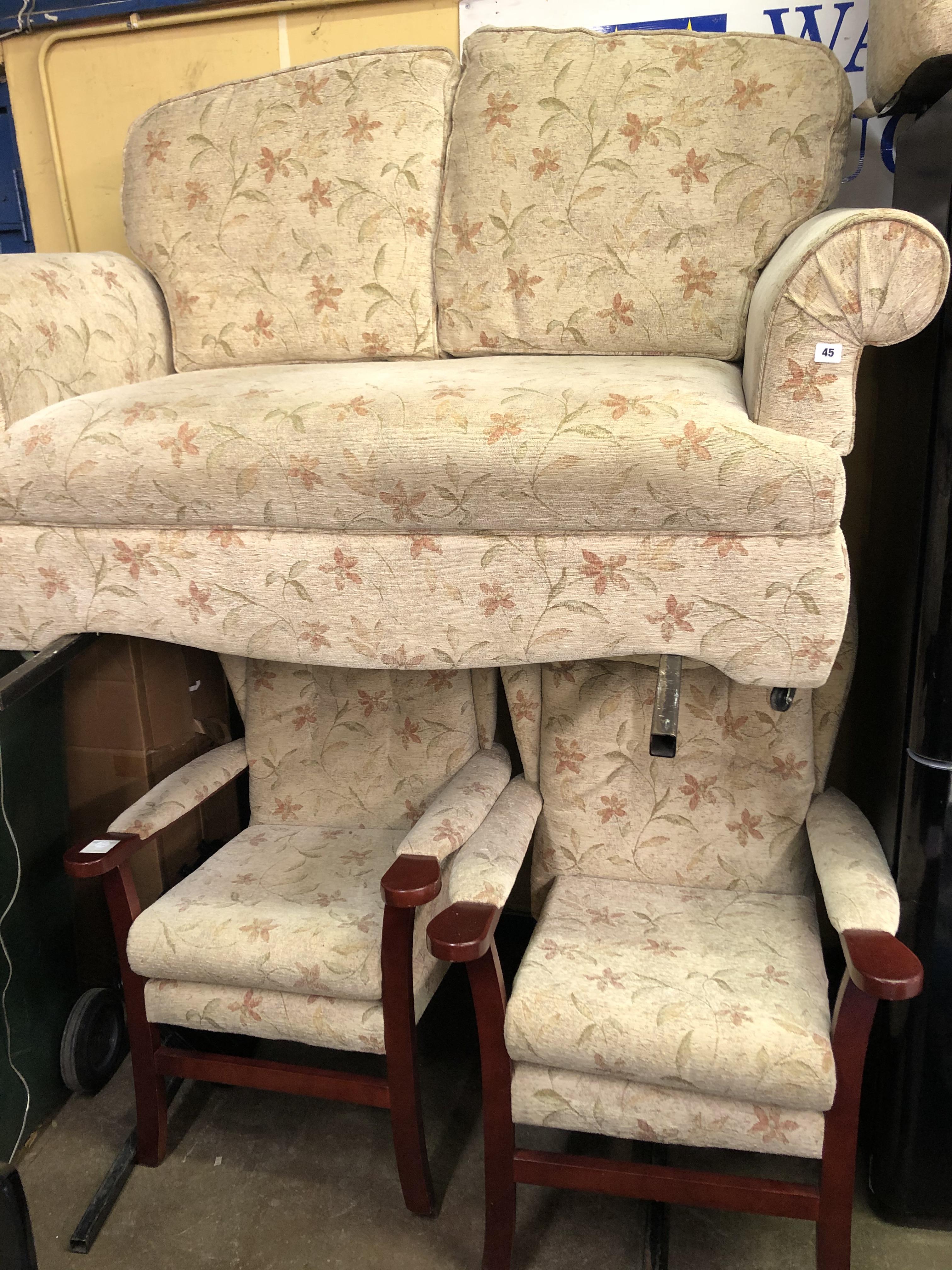 FLORAL DROP ARM TWO SEATER SOFA AND THREE MATCHING HIGH BACK CHAIRS