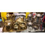 BRASS FIVE PIECE TEA AND COFFEE SERVICE AND BRASS TEA CANISTER