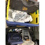 NYLON HOLDALL AND BLUE AND YELLOW CRATE OF VARIOUS TOOLS, IRONMONGERY,
