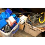 CRATE OF IRONMONGERY, BOX OF VARIOUS TOOLS, INSPECTION LAMP, TIN OF CHAIN,