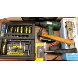 SMALL SPIRIT LEVEL, CLAW HAMMER, SCREWDRIVER SET, TAPE MEASURE, CORDLESS DRILL,