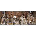 SHELF OF EPNS AND HOTEL PLATED WARE INCLUDING CUTLERY STRETCHERS