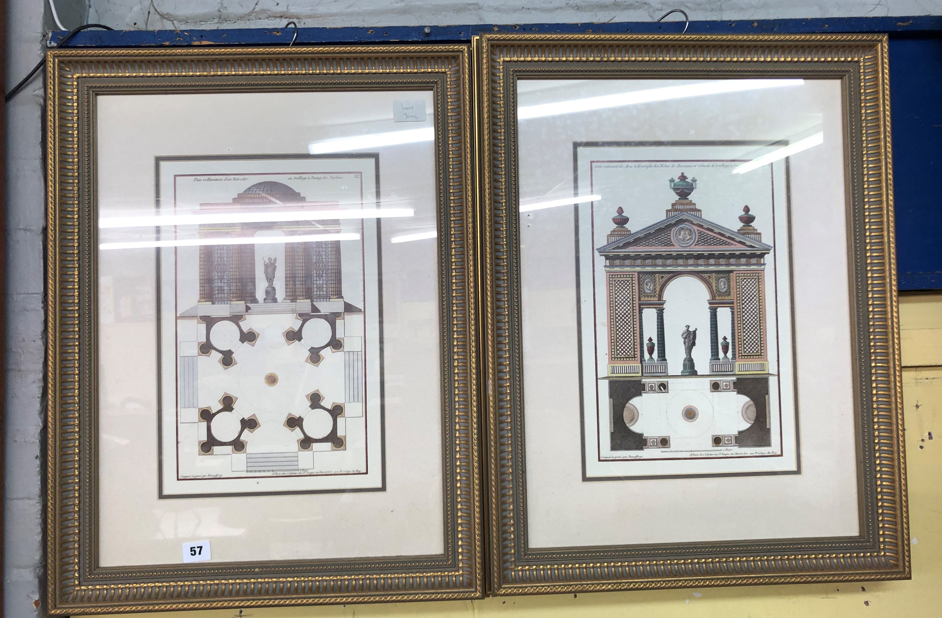 PAIR OF FRENCH ARCHITECTURAL DESIGN PRINTS IN ORNATE GILDED FRAMES