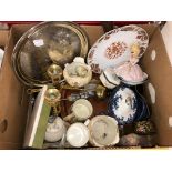 BOX CONTAINING A PAIR OF BRASS CANDLESTICKS, LADLE, PLATED TRAY,