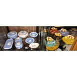 PIGEONHOLE OF WEDGWOOD BLUE JASERWARES, PIN DISHES,