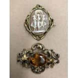 VICTORIAN PINCH BECK OVAL CAMEO OF THE THREE GRACES AND A CAIRNGORN COLOURED BAR BROOCH