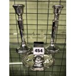 PAIR OF SILVER HEXAGONAL TAPERED CANDLESTICKS WITH LOADED BASES AND A BIRMINGHAM SILVER LOBED VESTA