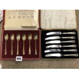 CASED SET OF SIX HALLMARKED ASSAY OFFICE TEASPOONS AND A CASE OF SILVER HANDLED BUTTER KNIVES