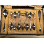 CASED SET OF EPNS TEASPOONS AND PRESERVE SPOONS WITH TONGS